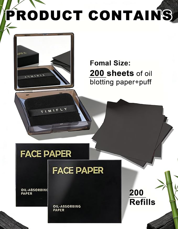 Bamboo Charcoal Oil Blotting Paper - 300 Sheets w/Mirror, Puff & Refills, Absorbs Excess Face Oil, Controls Shine, Gentle for Makeup Use