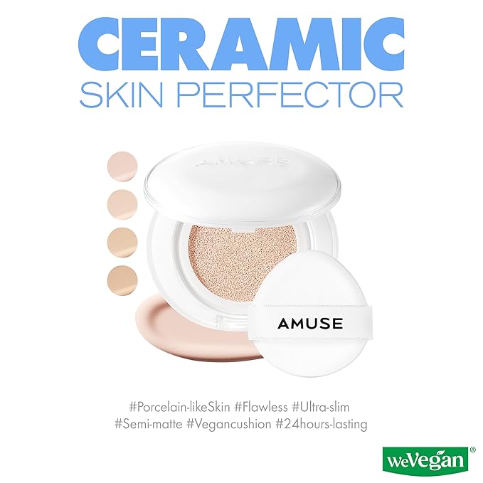 Amuse SEOUL Ceramic Skin Perfector Cushion Foundation (02 HEALTHY) | Long-lasting, Lightweight, Semi-matte, Flawless Coverage, Hypoallergenic, Vegan, Korean Beauty (15g / 0.52oz.)