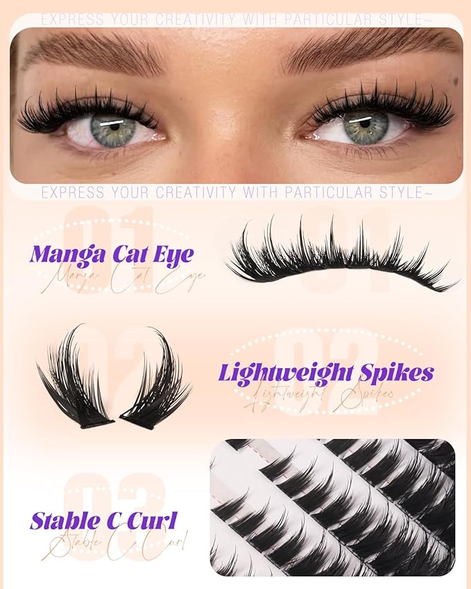 Wispy Lash Clusters with Spikes Fox Eye Eyelash Clusters Natural 7-16mm Anime Individual Eyelashes Cat Eye Lashes Manga Eyelash Extension C Curly DIY Doll Cluster Eyelash Extensions 240Pcs