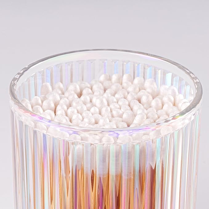 MKOSAB 2 Pack Qtip Holder - Apothecary Jars with Lids, Bathroom Organizers and Storage Canister for Cotton Balls,Swabs,Floss Picks,Hair Ties,Clear Glass Vintage Bathroom Decor Jar Set (Iridescent)