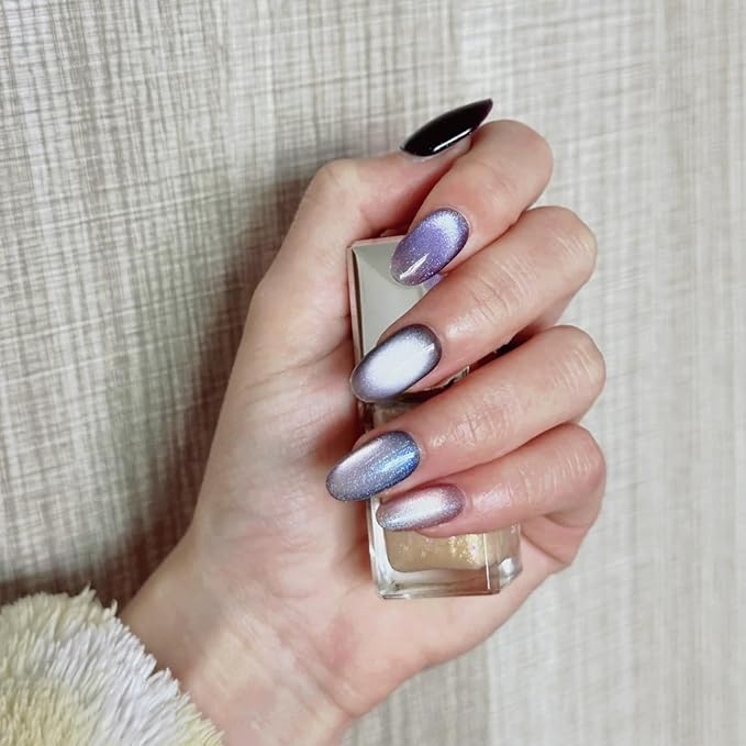 Cat Eye Press on Nails Handmade Short Oval/Square/Round False Nails with French Tip/Aurora/Magnetic Shimmer Designs (Group#Mermaid M)