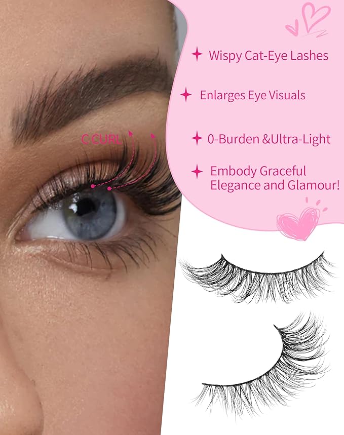 Cat Eye Lashes Short Wispy Strip Lashes that Look Like Extensions Natural Mink Lashes Fluffy Thin Band Fake Eyelashes C Curl Volume Eye Lashes Pack 15mm 77-Hashtag