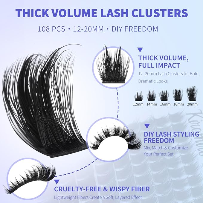 Kiromiro Fluffy Lash Clusters with Spikes 12-20mm Volume Lash Clusters Wispy eyelash Clusters DIY Cluster Eyelash Extensions Full Individual Lashes Thick Cluster Lashes