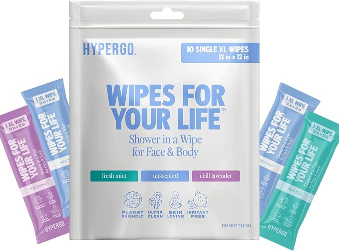 HyperGo XL Body Wipes for Women & Men – 12" x12" Rinse-Free Full Body Cleansing 10 Count Pack - Variety | Biodegradable, Hypoallergenic, Aloe-Infused | Gym, Festival, Camping Essentials