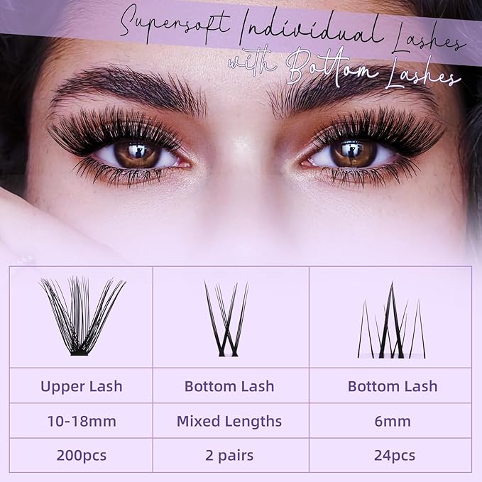 B&Qaugen Lash Clusters with Bottom Lashes 10-18mm 50D D Curl Individual Lashes Cluster Eyelash Clusters Wispy with 2 Styles Bottom Lash Extension DIY Lash Extensions at Home (50D-D-MIX10-18)
