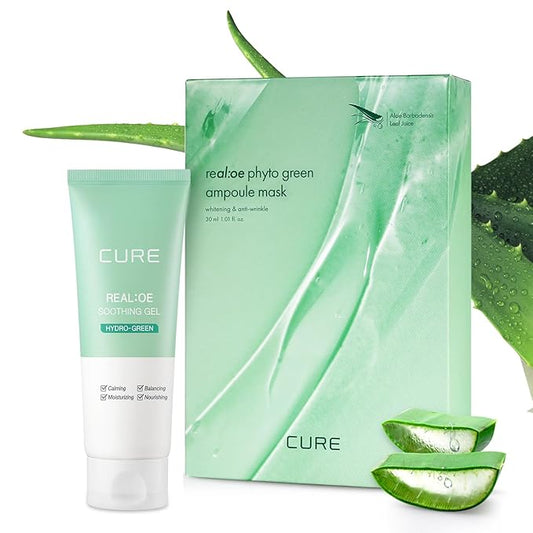 Cure Aloe Vera Gel with 90.52% Leaf Juice Bundle with Phyto Green Ampoule Sheet Mask Korean Skincare Duo