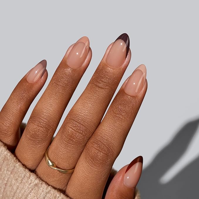 BTArtbox French Tip Press On Nails, Short Almond Supremely Fit & Natural Glue On Nails with Nail Glue, Reusable Stick On Nails in 16 Sizes - 32 Soft Gel Fake Nails Kit, Morning Coffee