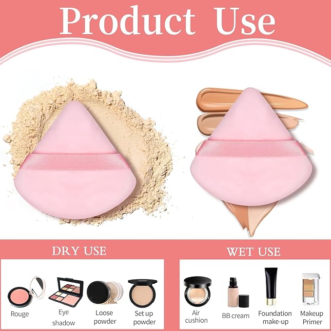 6 Pieces Powder Puff Face Soft Triangle Pink Valentines Day Gifts for Loose and Body Powder, Velour Makeup Sponge Set Setting Powder Puff Makeup Tools