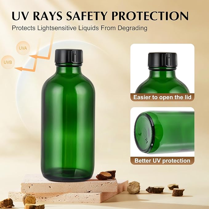 Exlvanto Small Glass Bottles with Lids Boston Round Shot Bottles for Health, Immunity, Ginger Juice, Essential Oils, Potion - Leak Proof Mini Travel Containers (Green UV, 4oz-12Pack)