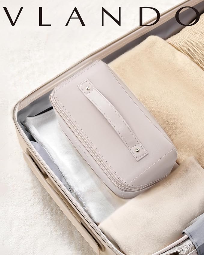 Vlando Travel Makeup Bag,Gifts for Women Large Capacity Toiletry Bag for Women Wide Open Cosmetic Organizer with Divider and Handle(White)
