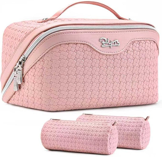 BOYATU Travel Makeup Bag Cosmetic Bags for Women: Large Capacity 3 Pcs Set Make up Bag with Compartments - Waterproof Vegan Leather Toiletry Organizer Bags with Handle (L17 Pink)