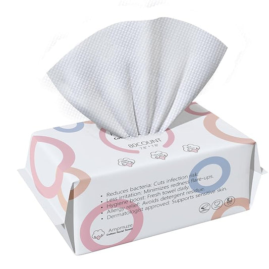 Ampmuze Disposable Face Towels, 80 Count, Biodegradable Dry Wipes for Sensitive Skin, Makeup Removal, Baby Care, Ultra Soft & Thick, 7.8”x7.8”