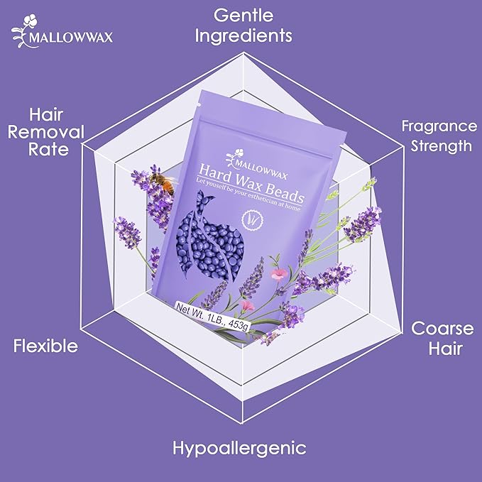 Mallowwax Hard Wax Beads, Wax Beans for Hair Removal, Natural Lavender, Stripless, Coarse Body Hair Specific - Ideal for Bikini, Brazilian, Legs, Underarms, Chest, 16 Ounce