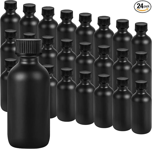 Exlvanto Small Glass Bottles with Lids Boston Round Shot Bottles for Health, Immunity, Ginger Juice, Essential Oils, Potion - Leak Proof Mini Travel Containers (Black Frosted, 2oz-24Pack)