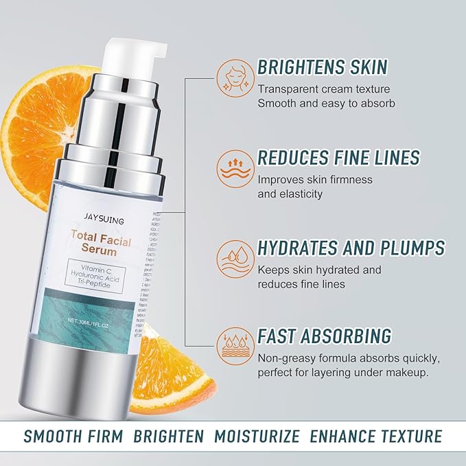 Super Vitamin C Serum for face, with Hyaluronic Acid & Peptides - Anti Aging Face Serum for Women & Men, Dark Spot Corrector for Firming, Hydrating Treatment to Reduce Wrinkles & Fine Lines, 1 fl oz