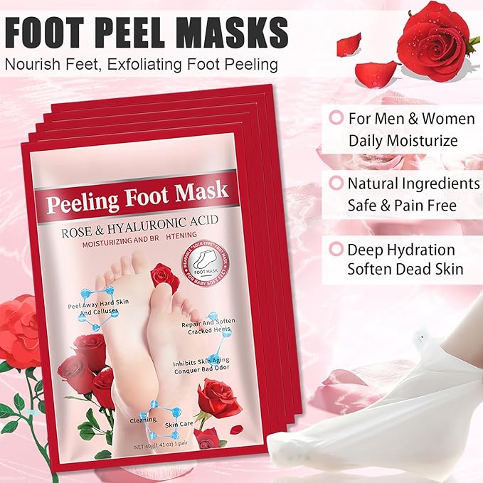 5Pcs Foot Peel Mask for Dry Cracked Feet, Rose Extract Moisturizing Foot Masks, Exfoliating Foot Peeling Socks for Women & Men, Hydrating Foot Mask for Soft Smooth Feet Spa at Home