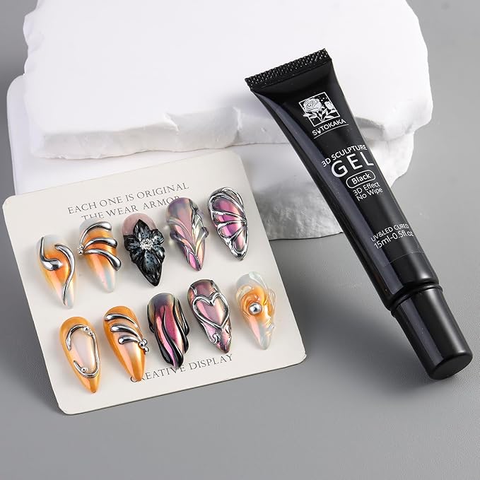SUTOKAKA Black 3D Gel Nail Art, 15g Sculpting Gel for 3D Nail Art Designs Carving, Molding and Painting, No Wipe Embossed Gels Polish Rhinestone Nails Charm Glue Salon Home DIY