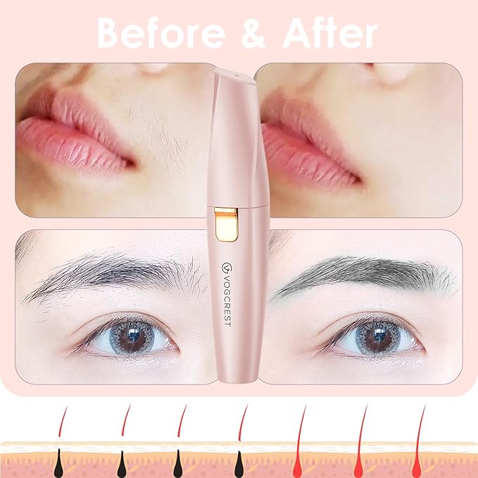 VG VOGCREST Eyebrow Facial Trimmer: 2 in1 Rechargeable Facial Hair Removal and Eyebrow Shaver - Face Lips Body Painless Facial Razor with Built-in LED Light (Pink)