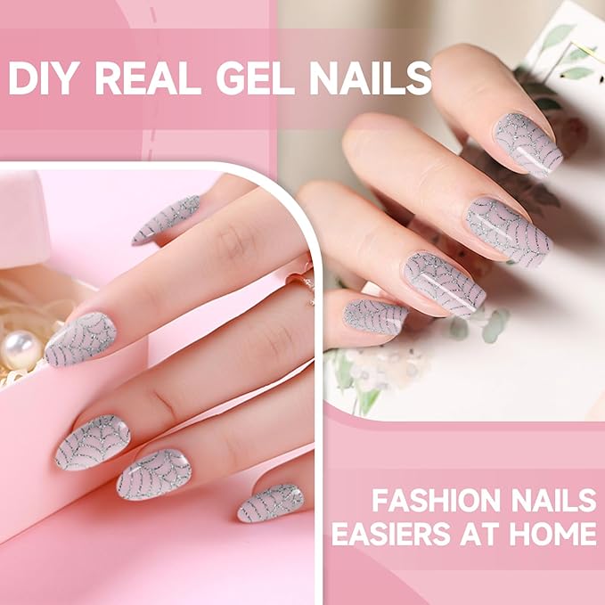 DUKASOU Semi Cured Gel Nail Strips, 28Pcs Halloween Nail Art Stickers/Wraps, Long Lasting UV Nail Polish Strips for Adults(Silver Spider Web)