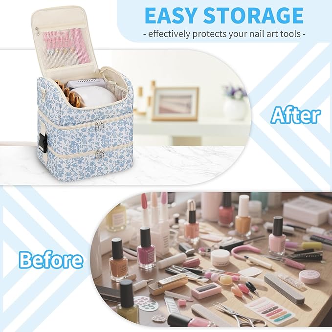 Extra Large Nail Polish Organizer - Three Layer Nail Organizers And Storage Bag, Portable Nail Supplies Organizer Case, Nail Tech Kit Travel Carrying Box with Shoulder Strap (Floral Blue, 86 Slots)