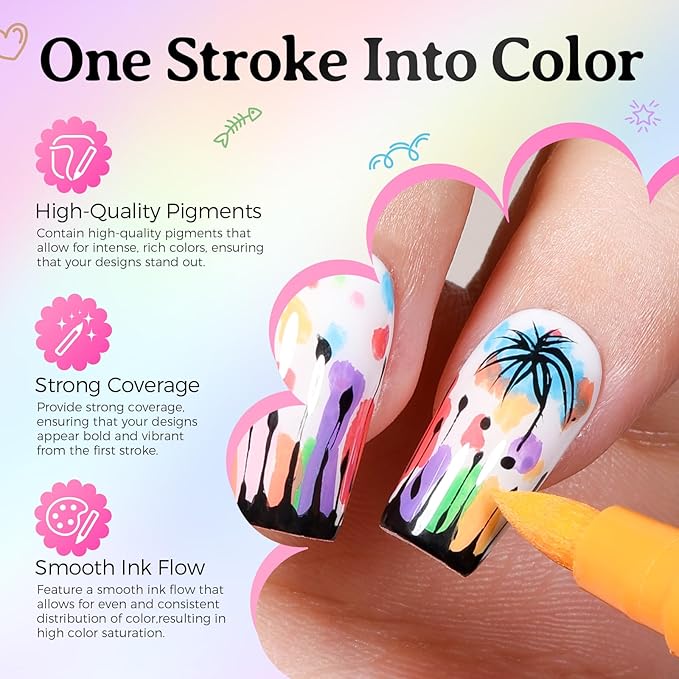 GELLAKTIK 24 Colors(12Pcs-dual) Nail Art Pens Set, 3D Nail Polish Pens Quick-Drying Acrylic Paint Markers, Dotting Liner Brush for DIY Nail Design, Home & Salon Manicure Tools, MarkerPen