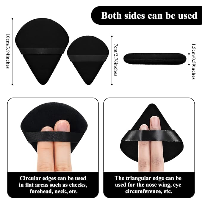 Maitys 12 Pcs Powder Puff Triangle for Face Makeup Cosmetic Loose Powder Puff Velour Soft Body Washable Reusable Foundation Sponge Wet Dry Makeup Tool for Women(Large, Small,Black)