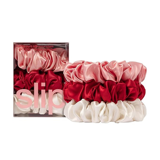 slip Large Scrunchies: Rosy | Set of 3 Pure Silk Large Scrunchies | Includes 1 Scarlet, 1 Rose, 1 White | 100% Mulberry Silk, Anti-Crease, Gentle on Hair, Reduces Breakage