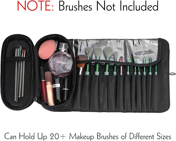 LUEXBOX Portable Folding Makeup Brush Bag, Multifunctional Cosmetics Rolling Storage Case Makeup Brush Holder for Travel, Makeup Brush Organizer Bag (Black)
