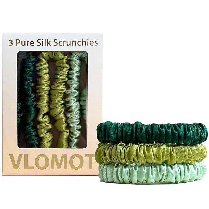VLOMOT 3 Pcs Set 100% Pure Mulberry Silk Hair Scrunchies Hair Ties with 3 Chic Colors Everyday Skinny Scrunchies Silk Ponytail Holders Hair Care No Damage (Green)