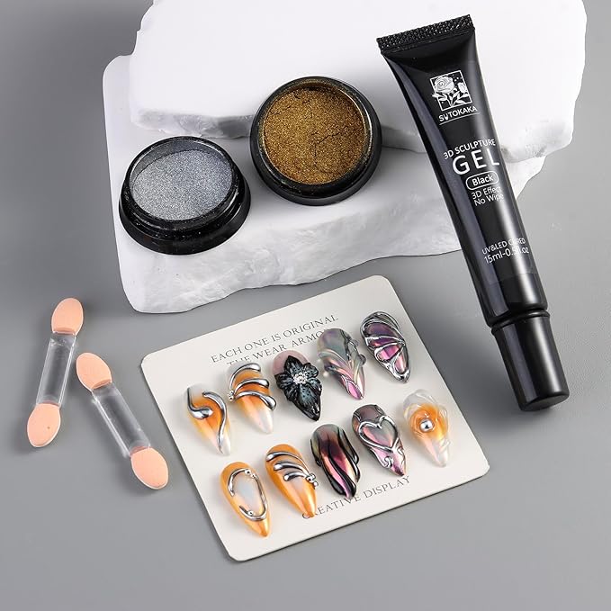 SUTOKAKA 3D Gel Nail Art & Chrome Nail Powder Kit, 15g Black Sculpting Gel No Wipe Molding Gels with Gold Silver Metallic Mirror Effect Chrome Powder Manicure Decoration DIY Salon Home Use