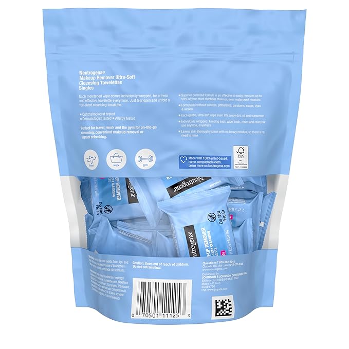 Neutrogena Makeup Remover Wipes, Daily Single Face Cleansing Towelettes, Makeup Removing Cleansing Wipes Removes Dirt & Oil, Alcohol-Free Face Towelettes, 20 ct
