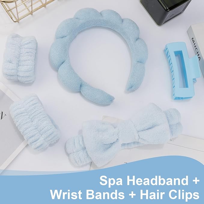 Canitor Spa Headband Wrist Bands Set with Hair Clips Skincare for Washing Face Skin Care Puffy Makeup Preppy Teen Girl Gifts Cute Trendy Stuff Hair Accessories for Women (blue)