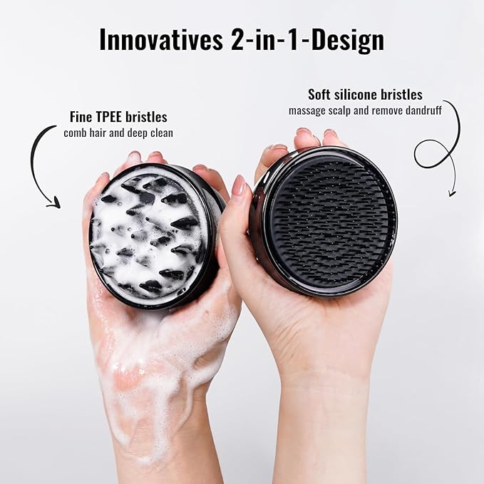 SHINLEA 2 in 1 Scalp Massager Hair Growth,Scalp Scrubber with Soft Silicone Bristles for Dandruff Removal,Shampoo Brush for Exfoliation,Head Massager for Both Wet and Dry Use (Black)
