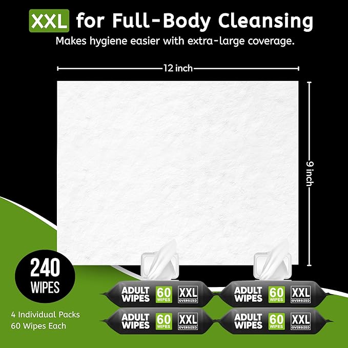 Adult Wipes for Elderly - 240 Wipes 4 Packs Thick Extra Large Disposable Washcloths for Adult Bathing & Shower Alternative No-Rinse - Lightly Scented XXL