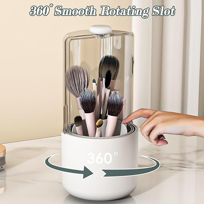 Zufudo Makeup Brush Holder with Dustproof Cover, Clear 360 Rotating Make Up Brushes Organizer for Counter Vanity Bathroom, White