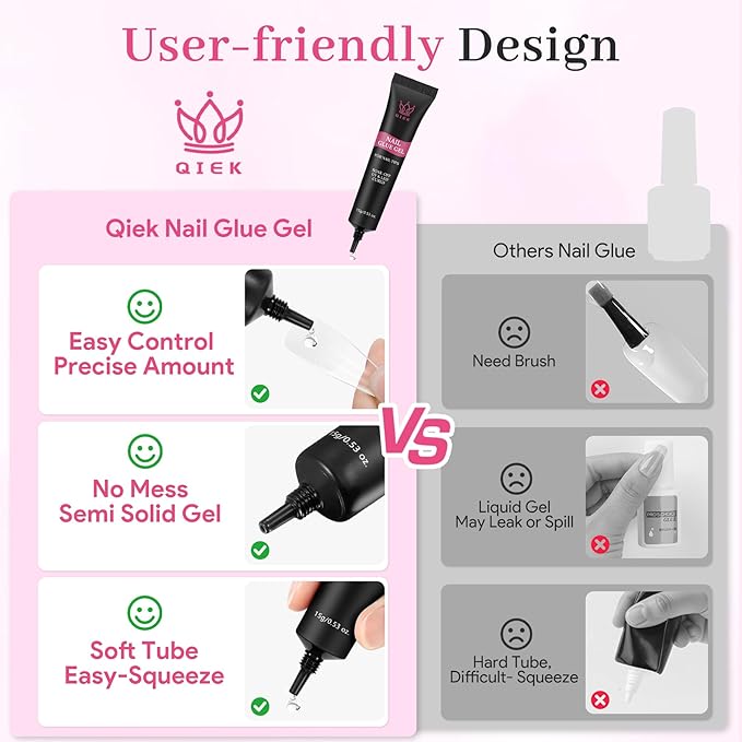 QIEK Nail Tips Gel Glue 15g - Lamp Curing Solid Nail Glue for False Acrylic Nails, Crystal Clear Long Lasting 28 Days No Yellowing Salon Quality DIY Home Beginner-friendly