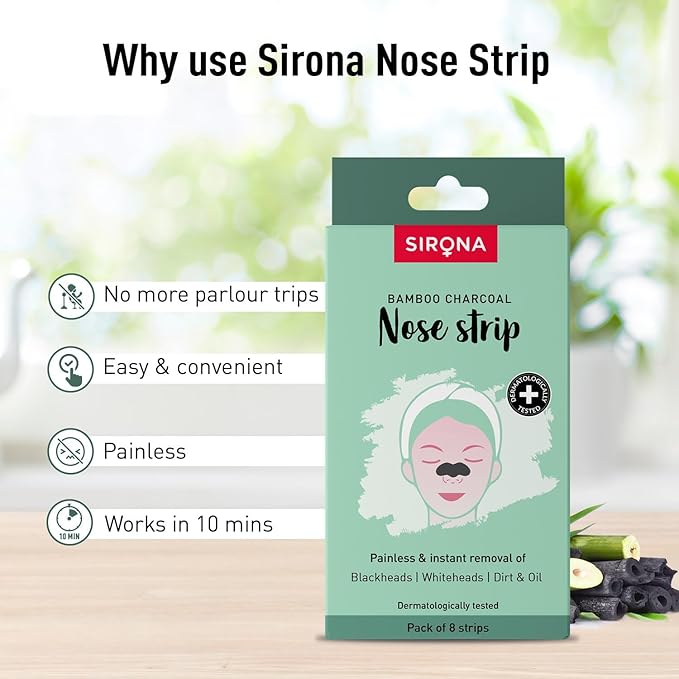 Sirona Blackhead Remover Bamboo Charcoal Nose Strips for Women – Pack of 8 | Painless & Instant Removal of Whiteheads, Blackheads, Pore Cleanser, Dirt & Oil