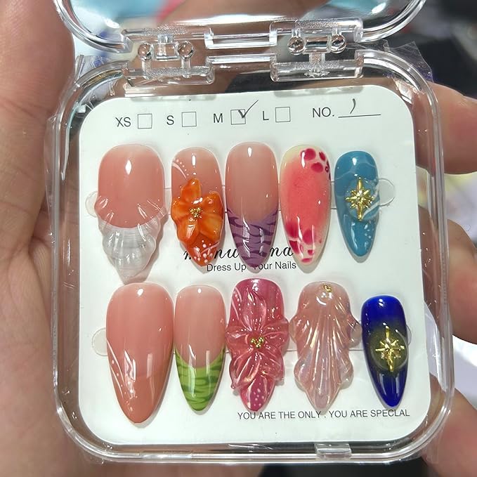 Medium - Medium Almond Handmade Unique Fake Nails, Artistic Design, Thick Acrylic and Muti-Layer Gel False Nails, Reusable Gel Cured Sturdier 3D Fake Nails, DIY Art Decorate-M size