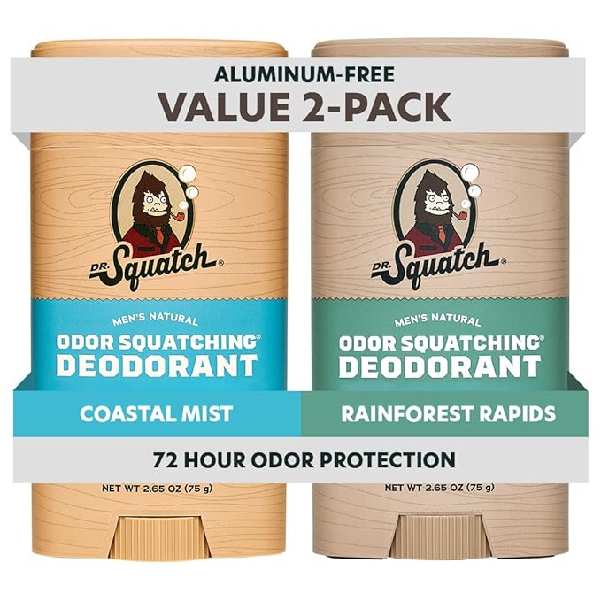 Dr. Squatch Natural Men’s Deodorant – Aluminum Free Natural Deodorant Men with Charcoal & Postbiotics for 72-Hour Odor Protection – Coastal Mist, 2.65oz Stick (3-Pack)
