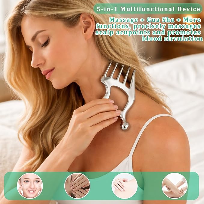 Gua Sha Tool With Handle,5in1 Scalp Massage Tool,Metal Gua Sha,Gua Sha Facial Tools,Stainless Steel Gua Sha,Head Massager Scalp For Head&Face&Body Deep Relaxation And Relieving Fatigue & Pain