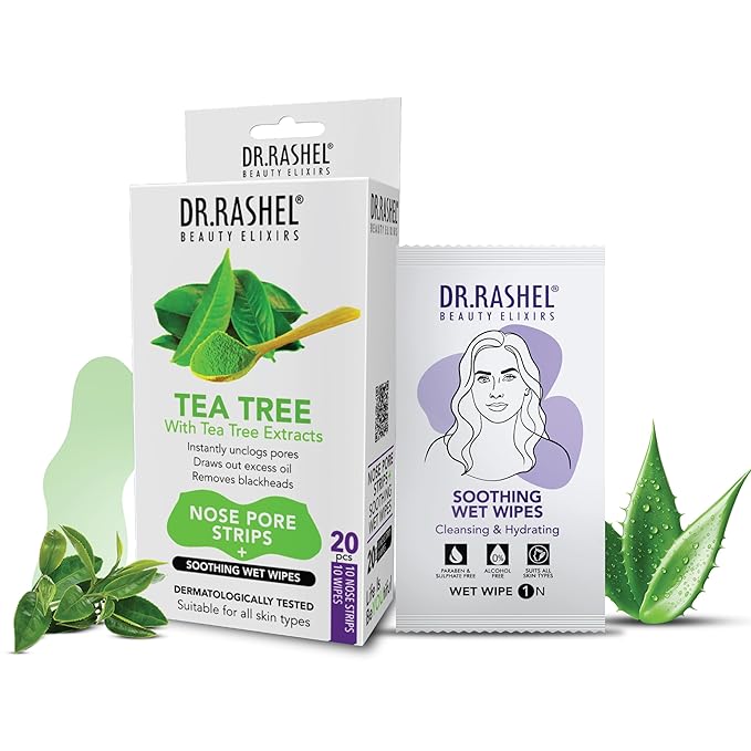 DR.RASHEL Tea Tree Nose Pore Strips For Pore Cleansing, Instant And Painless Blackheads Removal | Deep Purifying Blackhead Remover Strips for Nose | 20 PCS (10 Strips & 10 Wipes)