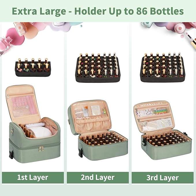 Extra Large Nail Polish Organizer - Three Layer Nail Organizers And Storage Bag, Portable Nail Supplies Organizer Case, Nail Tech Kit Travel Carrying Box with Shoulder Strap (Green, 86 Slots)