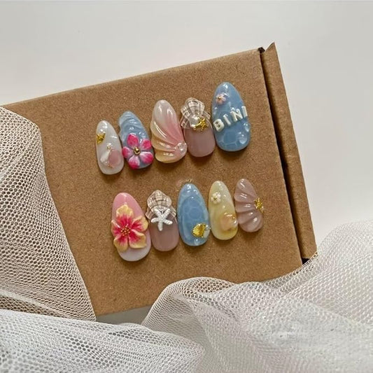 Press On Nails Medium Almond Shape - 3D Handmade Acrylic Gel Fake Nails with Glitter Designs, Reusable Thick Almond Nails for Women DIY Manicure Kit (10PCS, L Size, Easy Application)