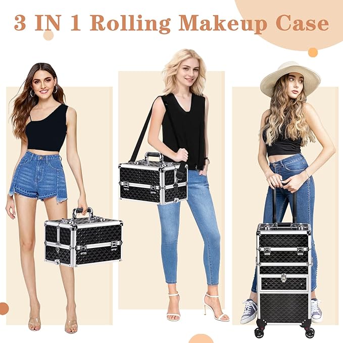 Karl home Rolling Makeup Case with Wheels & 2 Drawers, 3 in 1 Large Capacity Trolley Makeup Travel Case, Professional Cosmetology Lockable Travel Cosmetic Storage Train Cases, Black