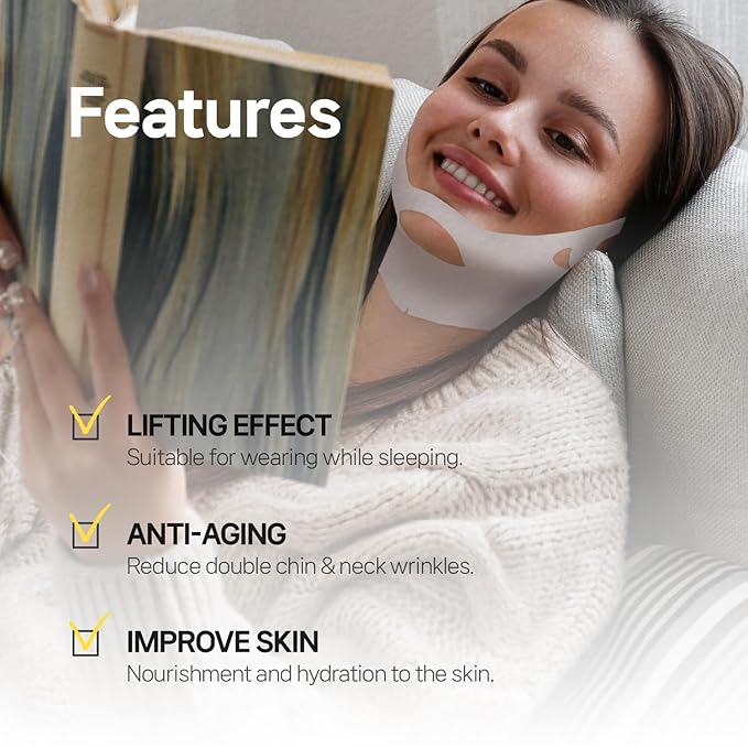 Wooshin Labottach V Line Face Lifting Collagen Sleeping Mask 4ct – Double Chin Reducer & Neck Wrinkle Patches with Hyaluronic Acid & Vitamin E, Chin Strap Care, Neck Lift Tape Overnight