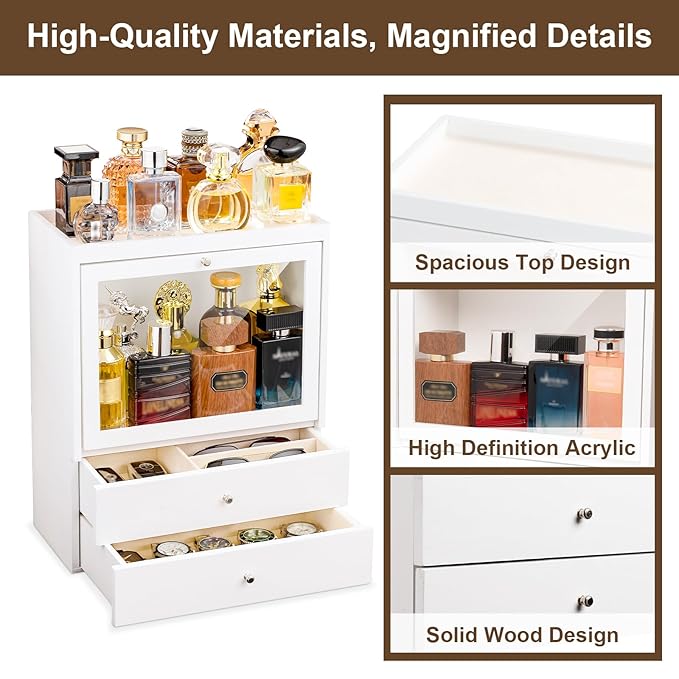 Emfogo Cologne Organizer, 4 Tier Vertical Wood Perfume Stand for Men, Large Capacity Dustproof Perfumes Organizer Cologne Stand with Double Drawer Storage, Gift for Loved ones (White)