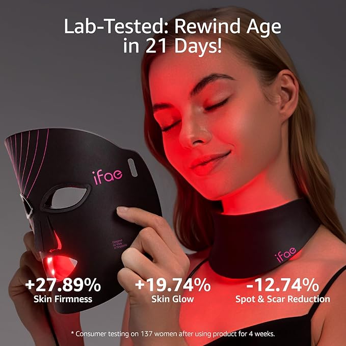 Red Light Therapy Mask for Face and Neck, 7 Colors with NIR Led Face Mask Light Therapy with Eye Protection and Remote, Rechargeable Ergonomic Design for True Anti-Aging Skincare at Home Black