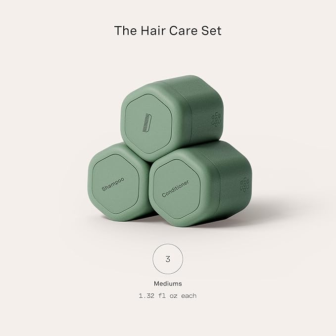 Cadence Travel Containers Haircare Capsule Set - Magnetic Containers with Lids,Carry On Travel Essentials For Women/Men - 3 Flex Mediums (1.32oz) - Shampoo, Conditioner & Comb Icon Labels - Eucalyptus