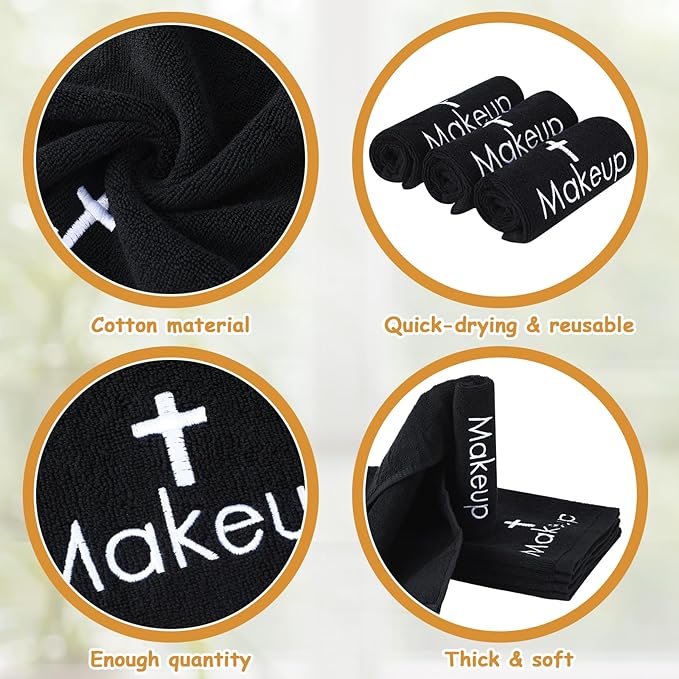 Shimeyao 13x13 Inch Black Makeup Towels Reusable Makeup Washcloths for Face Facial Remover Washcloths Absorbent Cotton Towel for Women Skin Care (6 Pcs,Cross Pattern)
