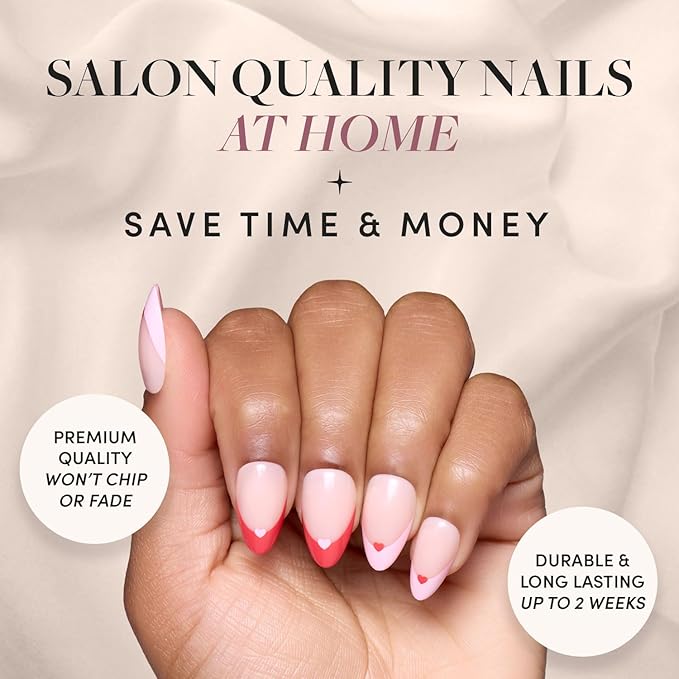 Glamnetic Press On Nails - Pure Hearted | Glossy, Semi-Transparent Short Almond Nails with Heart Accents, Salon Quality Valentine’s Nails | 15 Sizes - 30 Nail Kit with Glue